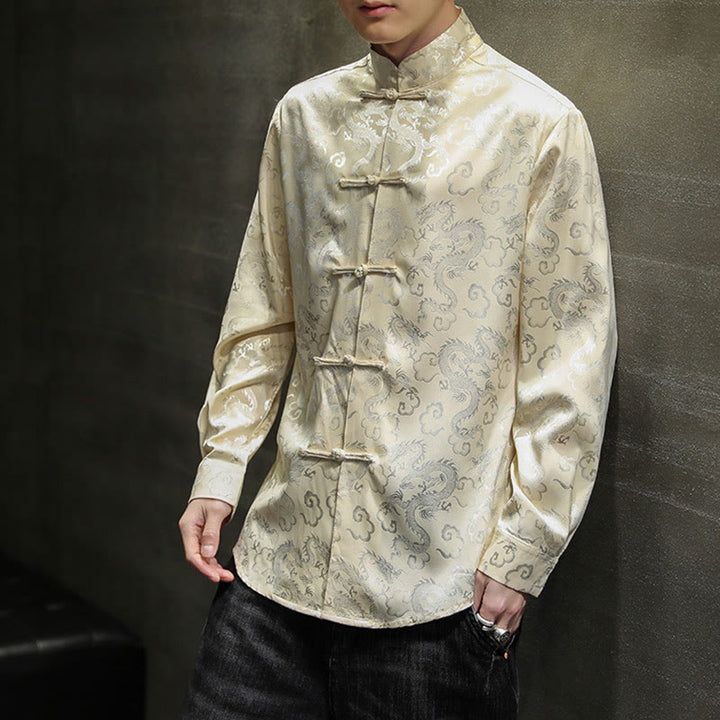 Veste et chemise décontractées en lin pour homme avec motif de dragon et boutons de grenouille