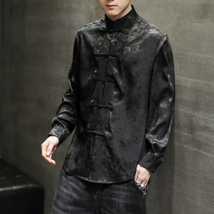 Veste et chemise décontractées en lin pour homme avec motif de dragon et boutons de grenouille