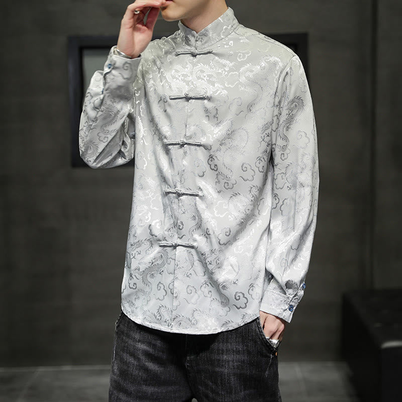 Veste et chemise décontractées en lin pour homme avec motif de dragon et boutons de grenouille