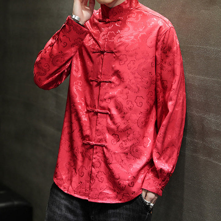 Veste et chemise décontractées en lin pour homme avec motif de dragon et boutons de grenouille