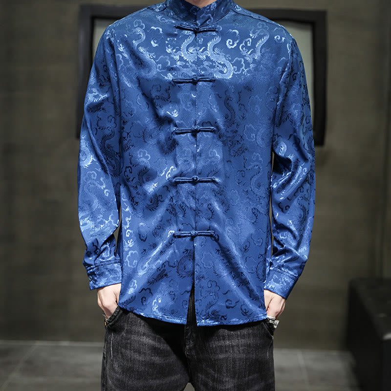 Veste et chemise décontractées en lin pour homme avec motif de dragon et boutons de grenouille