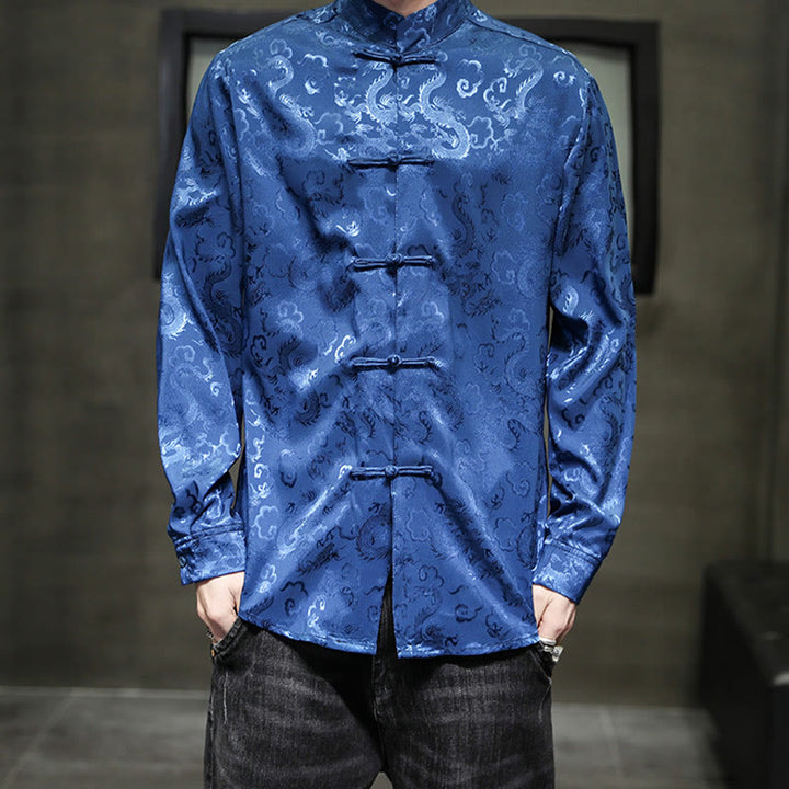 Veste et chemise décontractées en lin pour homme avec motif de dragon et boutons de grenouille
