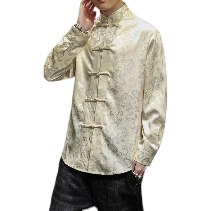 Veste et chemise décontractées en lin pour homme avec motif de dragon et boutons de grenouille