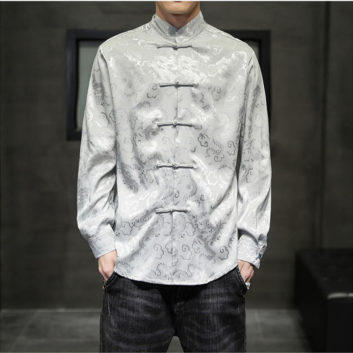 Veste et chemise décontractées en lin pour homme avec motif de dragon et boutons de grenouille