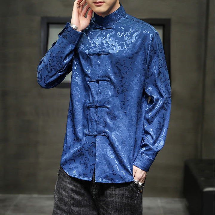 Veste et chemise décontractées en lin pour homme avec motif de dragon et boutons de grenouille