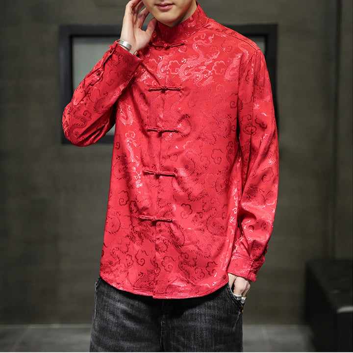 Veste et chemise décontractées en lin pour homme avec motif de dragon et boutons de grenouille