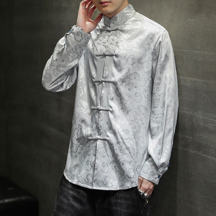 Veste et chemise décontractées en lin pour homme avec motif de dragon et boutons de grenouille
