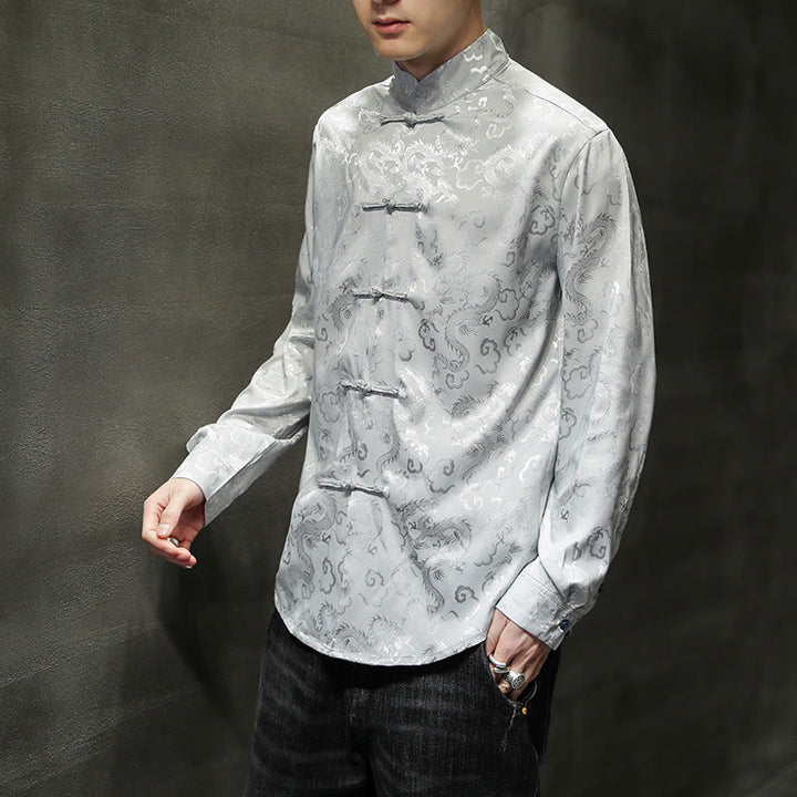 Veste et chemise décontractées en lin pour homme avec motif de dragon et boutons de grenouille