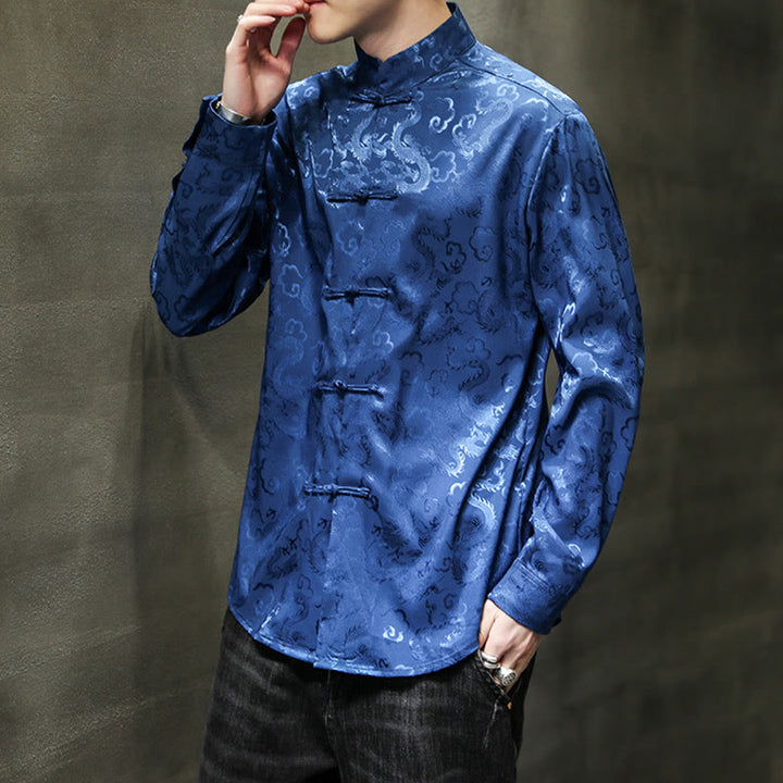 Veste et chemise décontractées en lin pour homme avec motif de dragon et boutons de grenouille