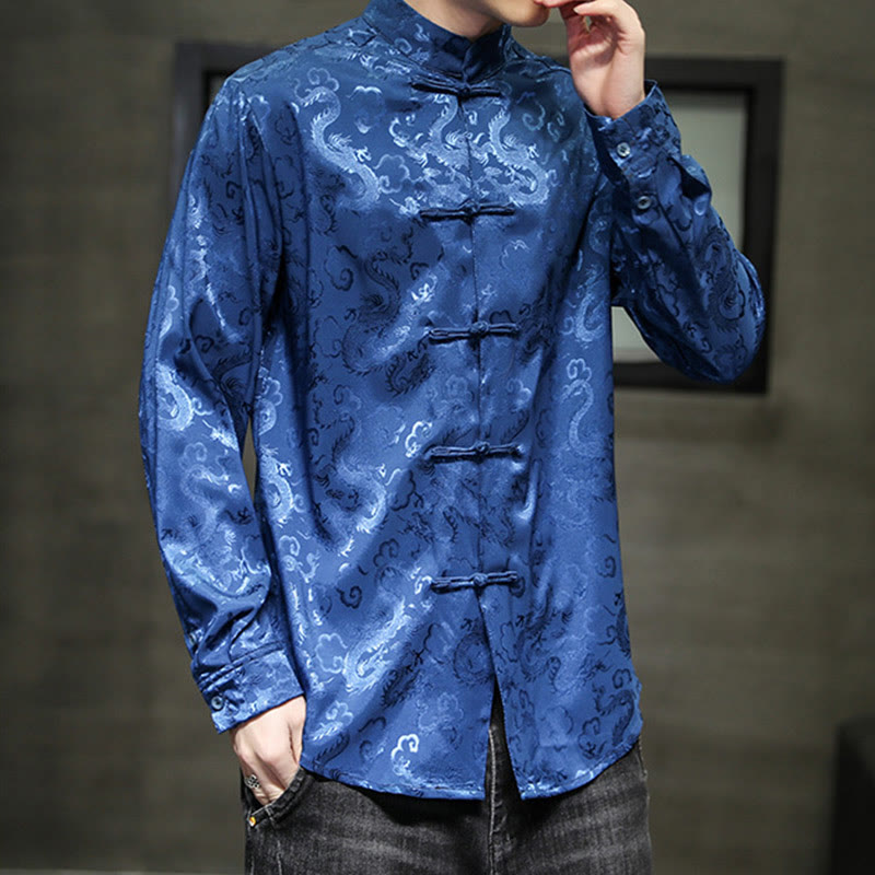 Veste et chemise décontractées en lin pour homme avec motif de dragon et boutons de grenouille