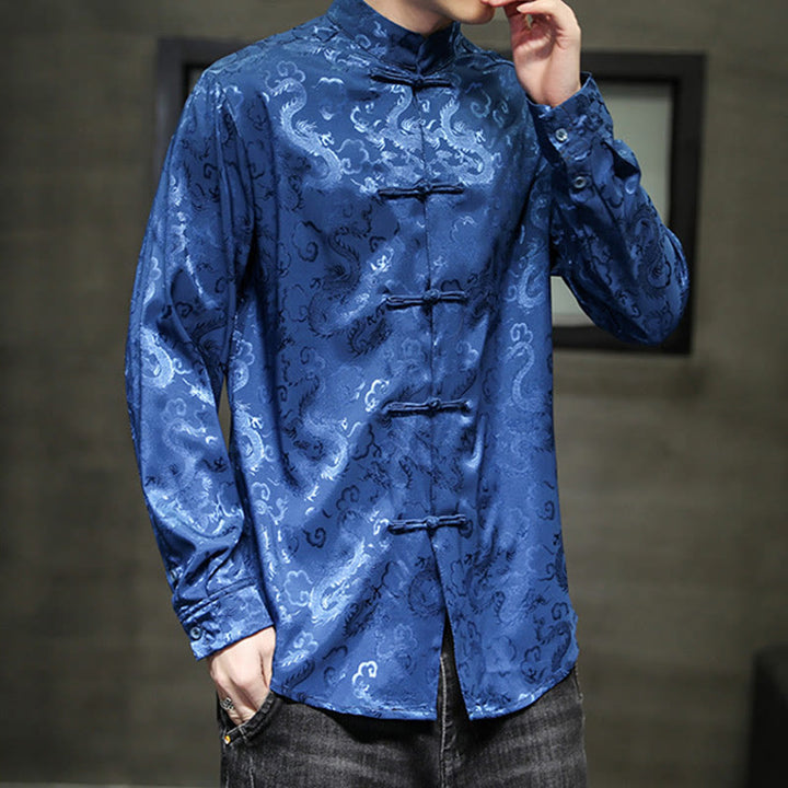 Veste et chemise décontractées en lin pour homme avec motif de dragon et boutons de grenouille