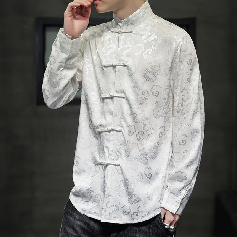Veste et chemise décontractées en lin pour homme avec motif de dragon et boutons de grenouille