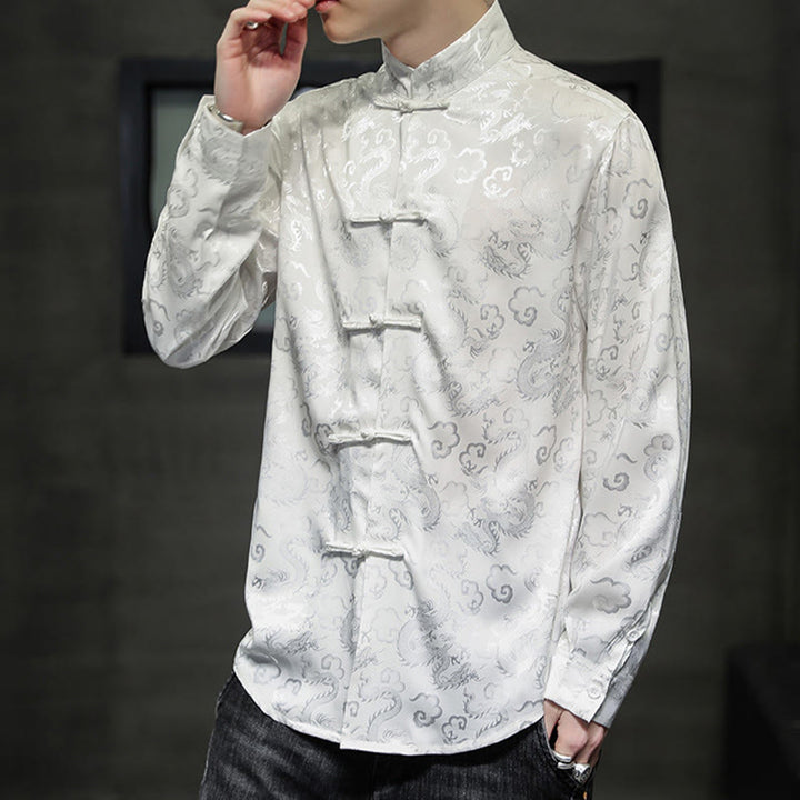 Veste et chemise décontractées en lin pour homme avec motif de dragon et boutons de grenouille