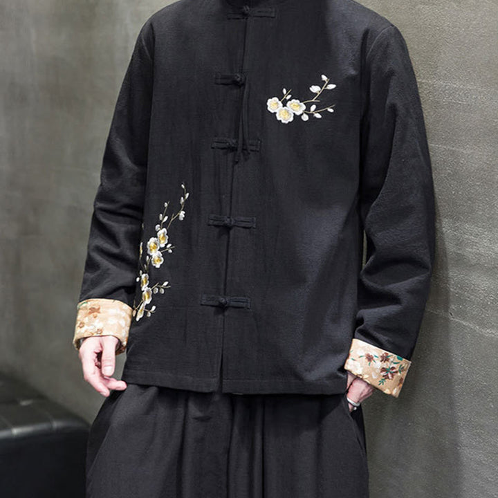 Chemise en coton et lin pour homme, broderie de fleurs de Buddha Stones , motif floral, boutons de grenouille, costume Tang  - image 6