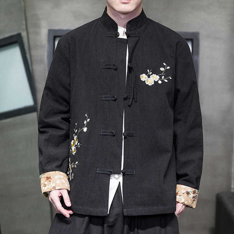 Chemise en coton et lin pour homme, broderie de fleurs de Buddha Stones , motif floral, boutons de grenouille, costume Tang  - Noir - US/UK/AU46，EU56 (5XL) - image 1