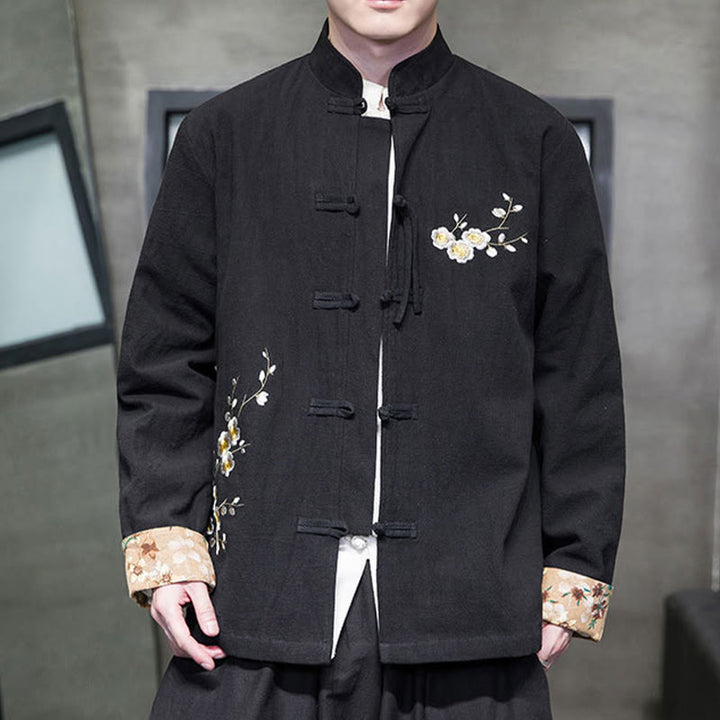 Chemise en coton et lin pour homme, broderie de fleurs de Buddha Stones , motif floral, boutons de grenouille, costume Tang  - Noir - US/UK/AU46，EU56 (5XL) - image 1