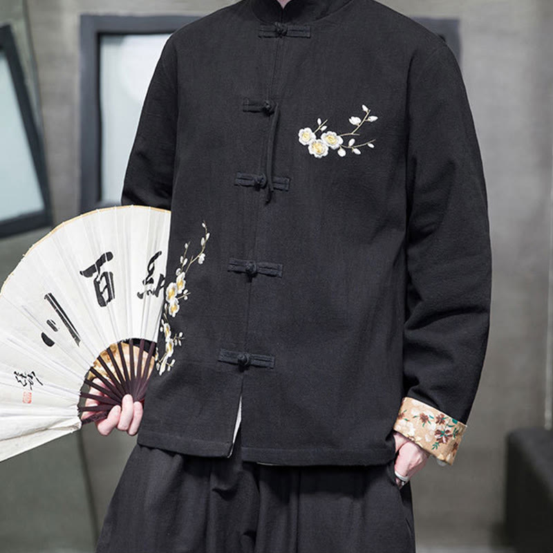 Chemise en coton et lin pour homme, broderie de fleurs de Buddha Stones , motif floral, boutons de grenouille, costume Tang  - image 3