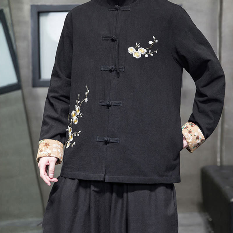 Chemise en coton et lin pour homme, broderie de fleurs de Buddha Stones , motif floral, boutons de grenouille, costume Tang  - image 2