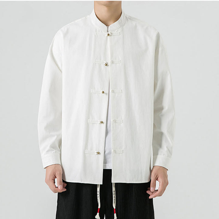 Chemise à boutons de grenouille de couleur unie avec Buddha Stones en coton pour homme  - image 11