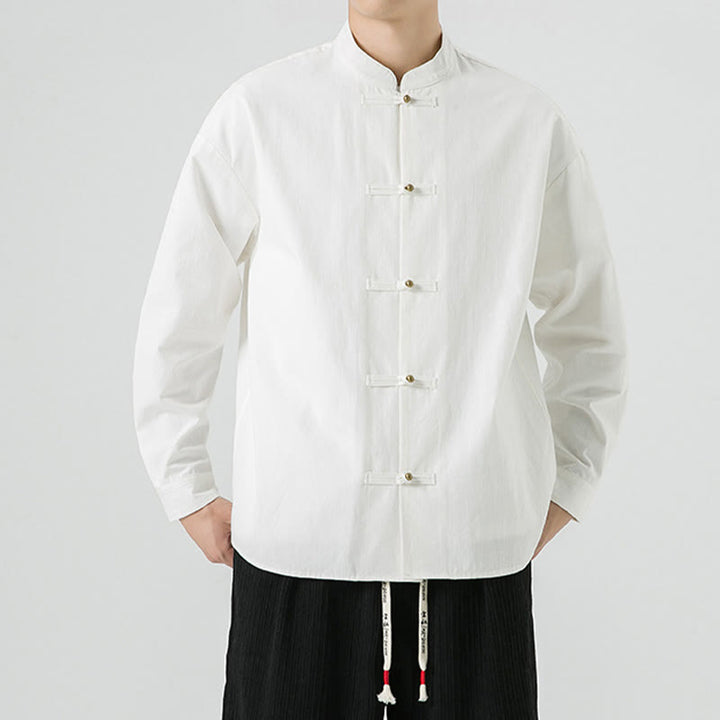 Chemise à boutons de grenouille de couleur unie avec Buddha Stones en coton pour homme  - Blanc - US/UK/AU46，EU56 (5XL) - image 10