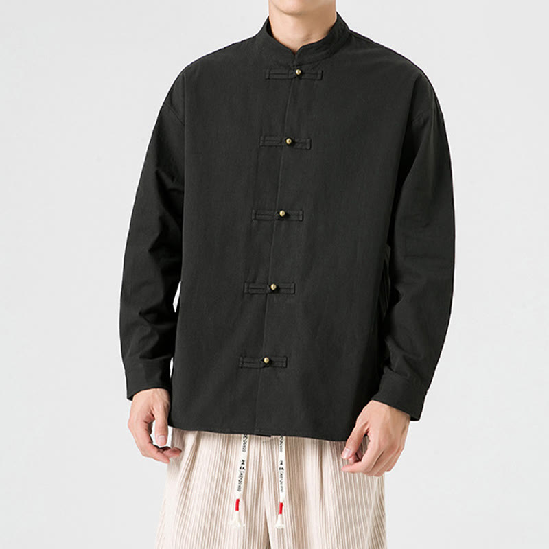 Chemise à boutons de grenouille de couleur unie avec Buddha Stones en coton pour homme  - image 1