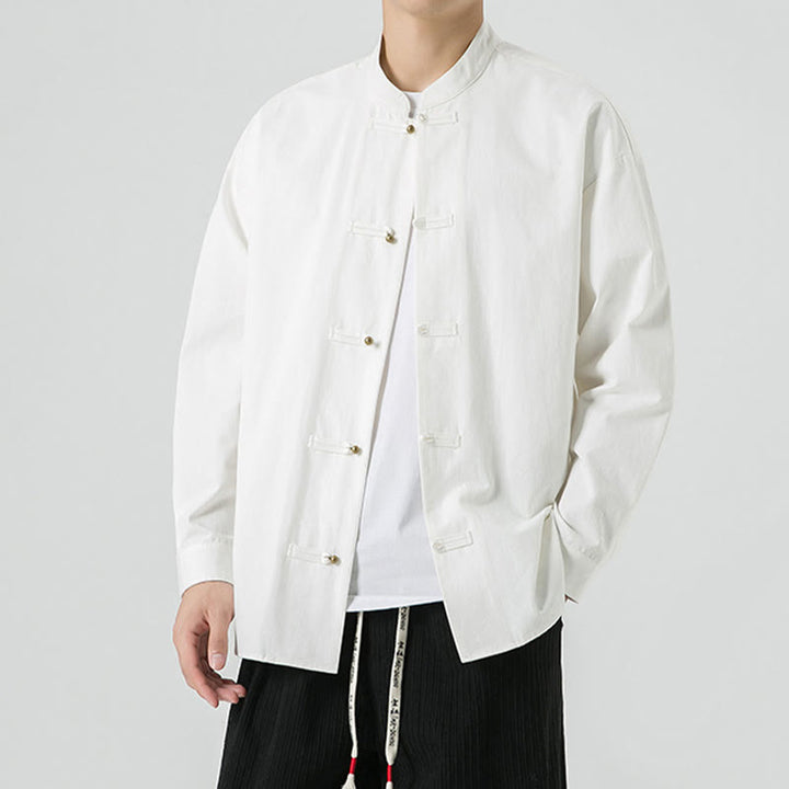 Chemise à boutons de grenouille de couleur unie avec Buddha Stones en coton pour homme  - image 12