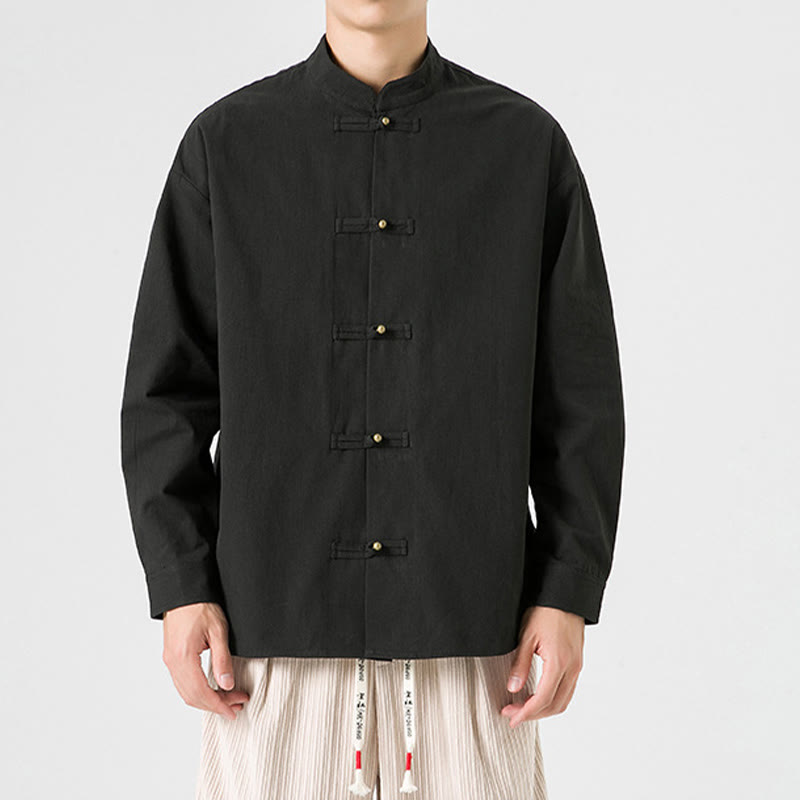 Chemise à boutons de grenouille de couleur unie avec Buddha Stones en coton pour homme  - Noir - US/UK/AU46，EU56 (5XL) - image 0