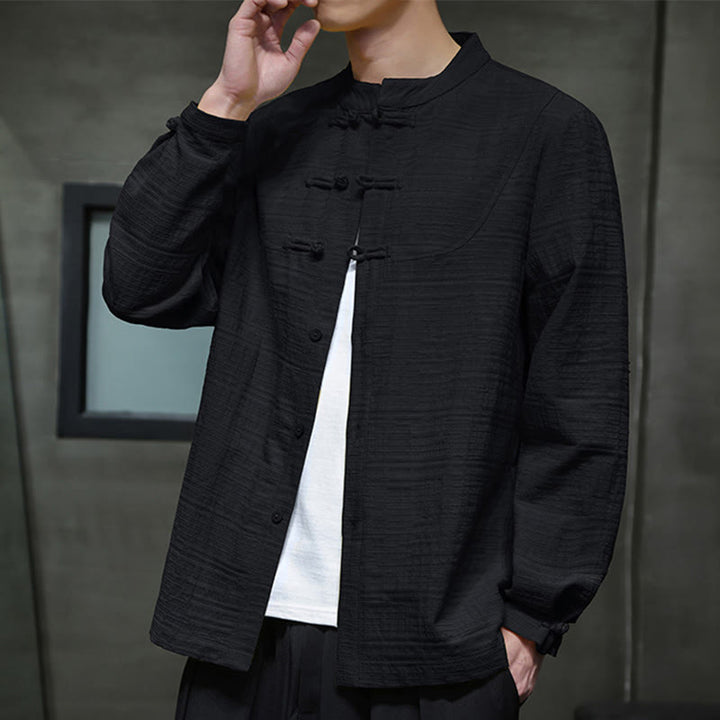 Buddha Stones en coton et lin pour homme, couleur unie, boutons demi-grenouille, style Tang  - image 21