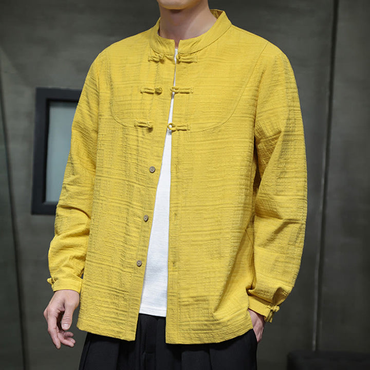 Buddha Stones en coton et lin pour homme, couleur unie, boutons demi-grenouille, style Tang  - image 31