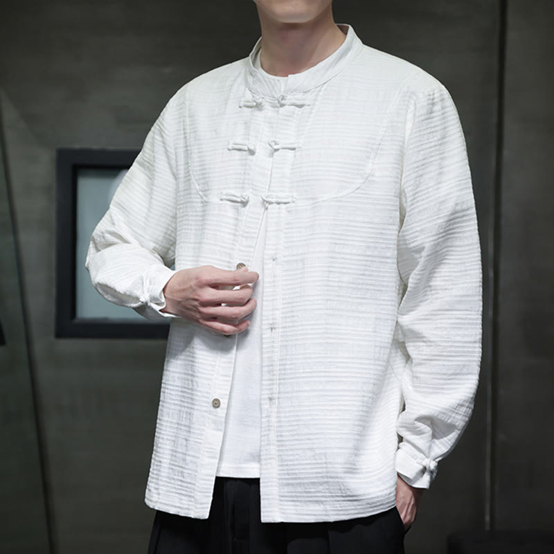 Buddha Stones en coton et lin pour homme, couleur unie, boutons demi-grenouille, style Tang  - Blanc - US/UK/AU46，EU56 (5XL) - image 8