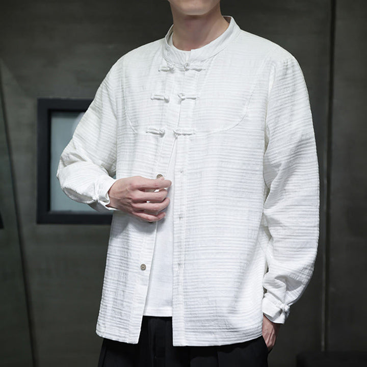 Buddha Stones en coton et lin pour homme, couleur unie, boutons demi-grenouille, style Tang  - Blanc - US/UK/AU46，EU56 (5XL) - image 8