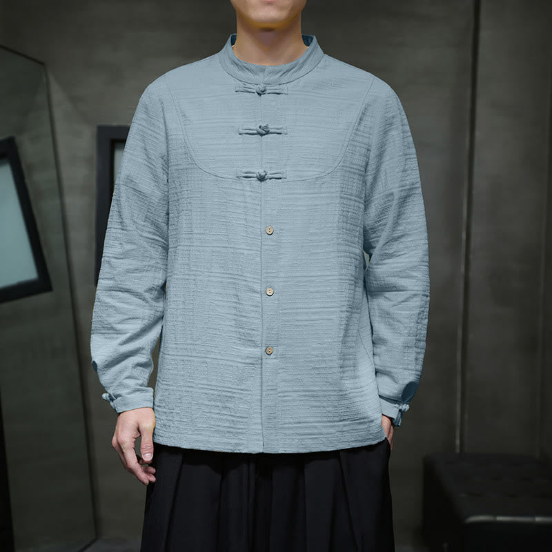 Buddha Stones en coton et lin pour homme, couleur unie, boutons demi-grenouille, style Tang  - image 6