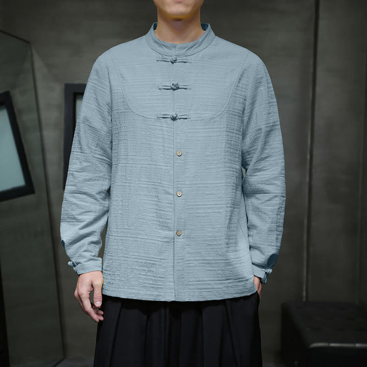 Buddha Stones en coton et lin pour homme, couleur unie, boutons demi-grenouille, style Tang  - image 6