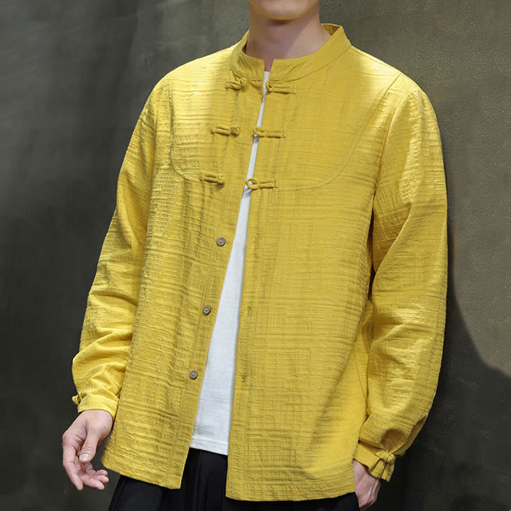 Buddha Stones en coton et lin pour homme, couleur unie, boutons demi-grenouille, style Tang  - image 32