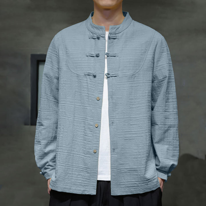 Buddha Stones en coton et lin pour homme, couleur unie, boutons demi-grenouille, style Tang  - image 1