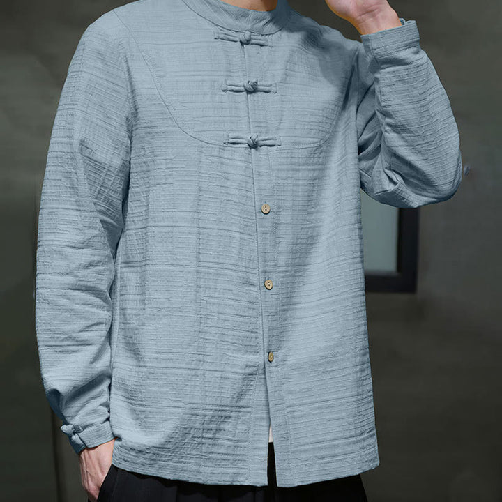 Buddha Stones en coton et lin pour homme, couleur unie, boutons demi-grenouille, style Tang  - image 4