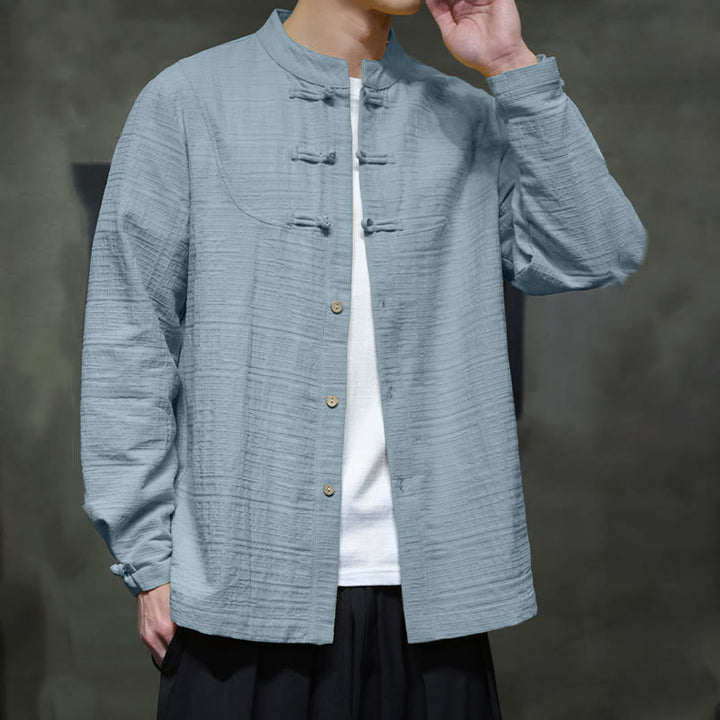 Buddha Stones en coton et lin pour homme, couleur unie, boutons demi-grenouille, style Tang  - image 2