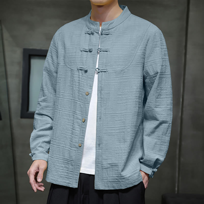 Buddha Stones en coton et lin pour homme, couleur unie, boutons demi-grenouille, style Tang  - CadetBlue - US/UK/AU46，EU56 (5XL) - image 0