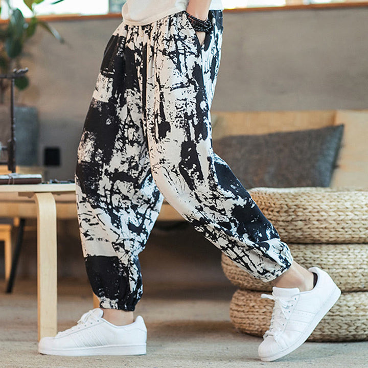 Pantalon sarouel en coton et lin avec cordon de serrage et poches pour homme, motif Buddha Stones, noir et blanc - Noir - US/UK/AU46，EU56 (5XL) - image 0