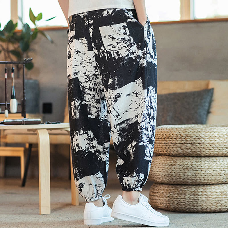 Pantalon sarouel en coton et lin avec cordon de serrage et poches pour homme, motif Buddha Stones, noir et blanc - image 4