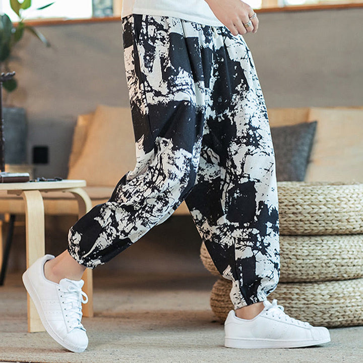 Pantalon sarouel en coton et lin avec cordon de serrage et poches pour homme, motif Buddha Stones, noir et blanc - image 6