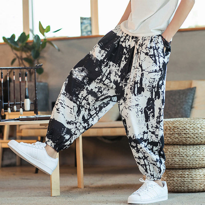 Pantalon sarouel en coton et lin avec cordon de serrage et poches pour homme, motif Buddha Stones, noir et blanc - image 3