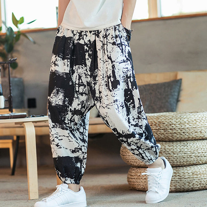 Pantalon sarouel en coton et lin avec cordon de serrage et poches pour homme, motif Buddha Stones, noir et blanc - image 2