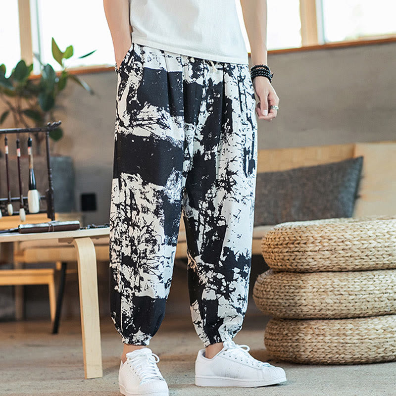 Pantalon sarouel en coton et lin avec cordon de serrage et poches pour homme, motif Buddha Stones, noir et blanc - image 5
