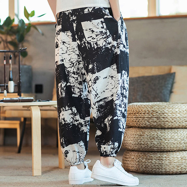 Pantalon sarouel en coton et lin avec cordon de serrage et poches pour homme, motif Buddha Stones, noir et blanc - image 4