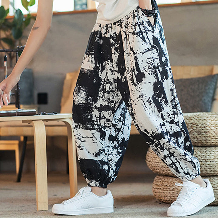 Pantalon sarouel en coton et lin avec cordon de serrage et poches pour homme, motif Buddha Stones, noir et blanc - image 1