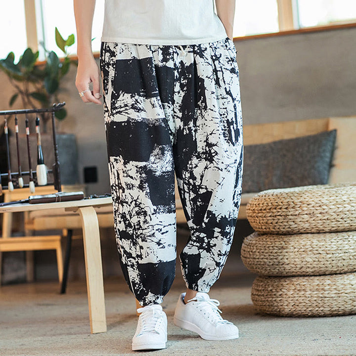 Pantalon sarouel en coton et lin avec cordon de serrage et poches pour homme, motif Buddha Stones, noir et blanc - image 7