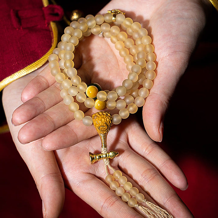 Bracelet de richesse en corne de mouton naturelle Bouddha du zodiaque chinois avec 108 perles de Mala en Buddha Stones du Tibet