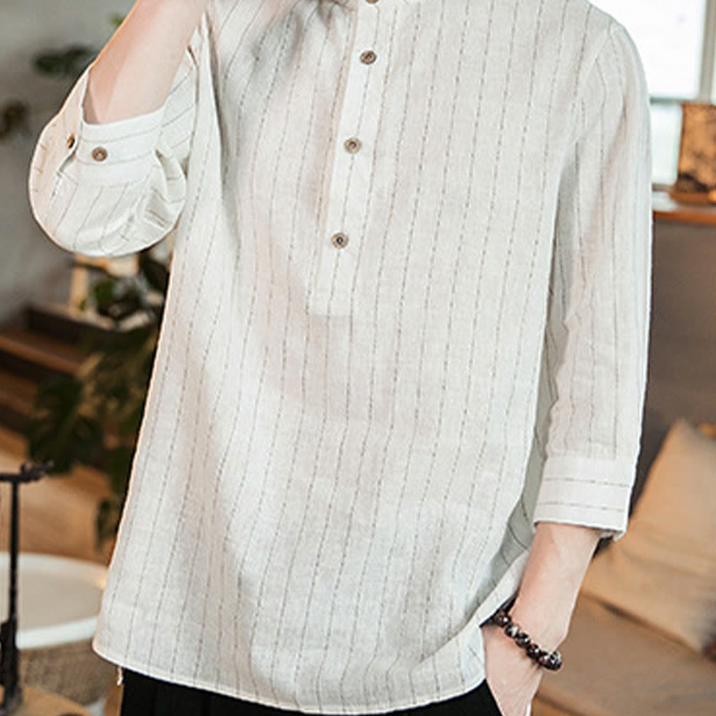 Chemise homme en lin à rayures et demi-boutons avec Buddha Stones et manches trois-quarts - image 19