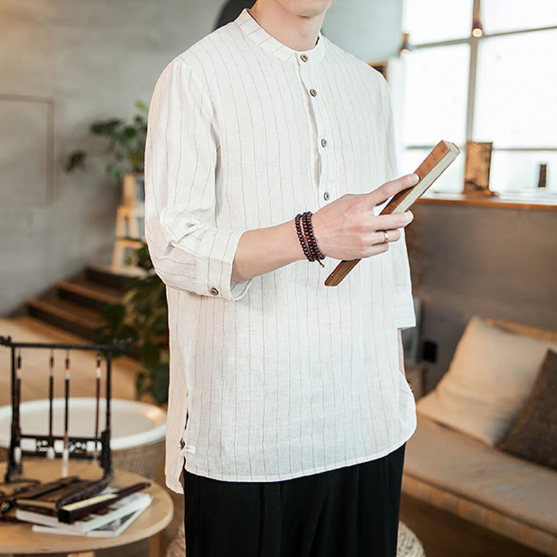 Chemise homme en lin à rayures et demi-boutons avec Buddha Stones et manches trois-quarts - image 16